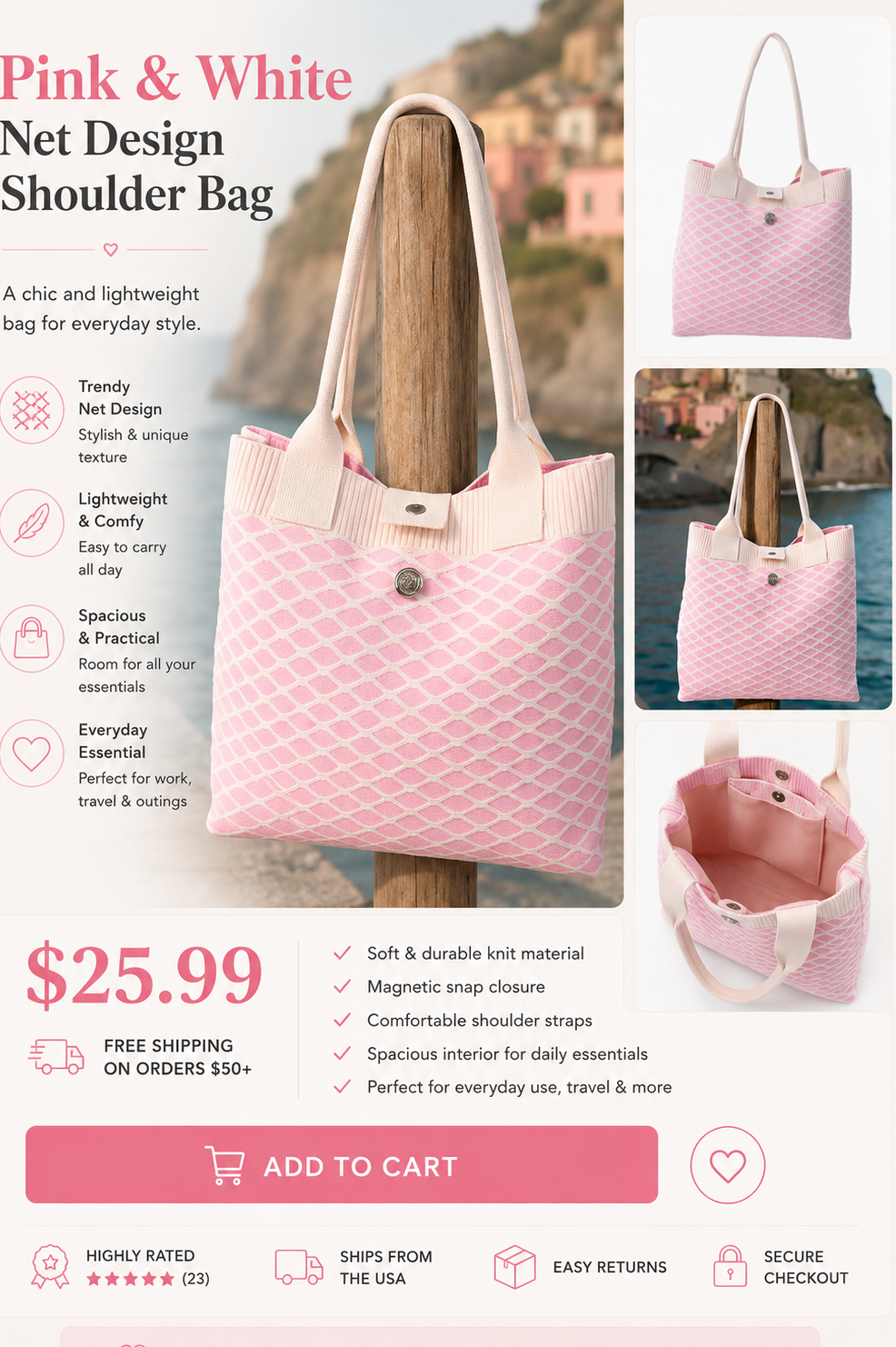 Pink & white net shoulder bag